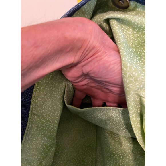 Denim Tote Bag Embroidered Gold Design Green Lining Large - Picture 4 of 7